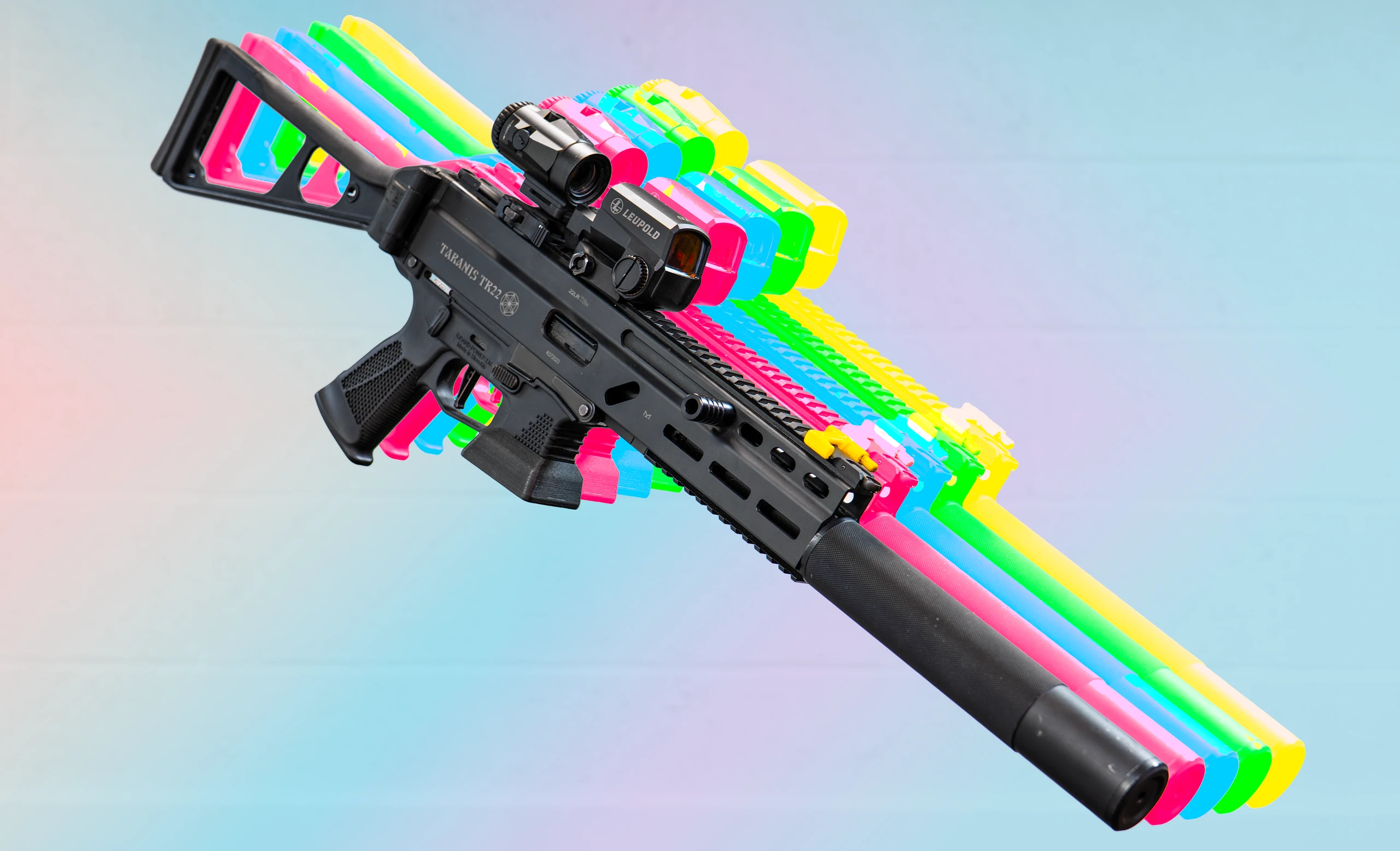 Grand Power Stribog TR22 with layered neon colour trails