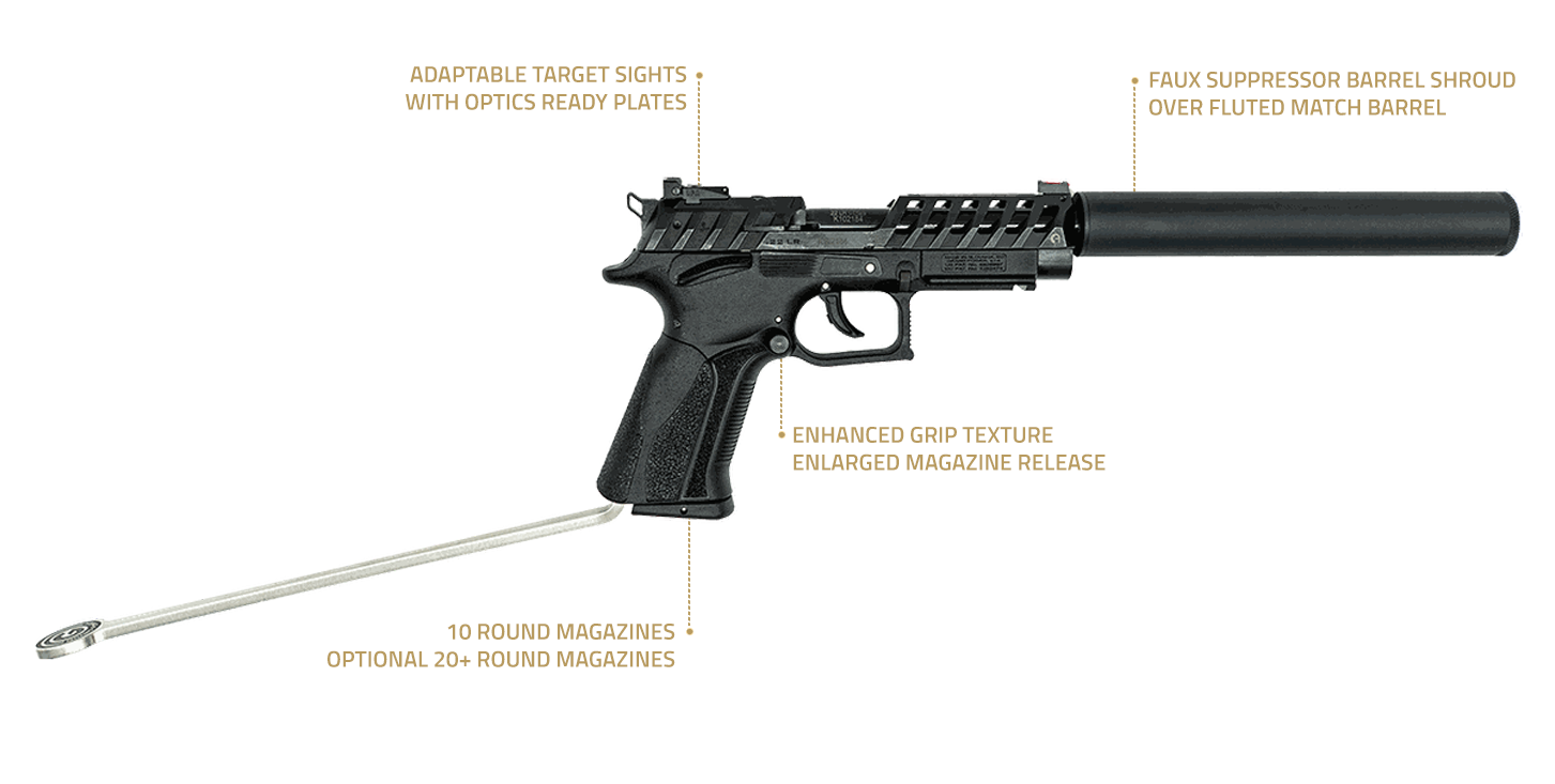 Grand Power K22 MK23 long-barrel pistol with feature callouts